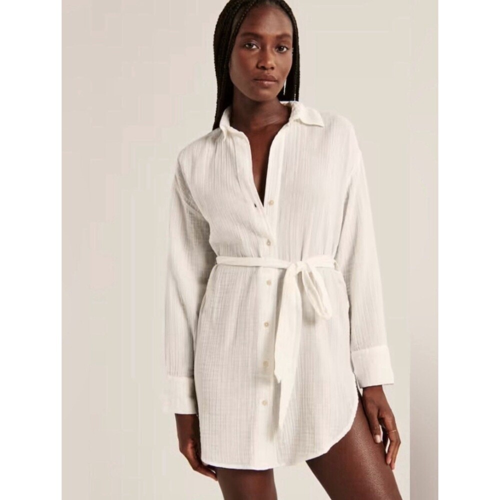 Abercrombie & Fitch White Cotton Gauze Shirtdress Swim Cover Up Oversized XS